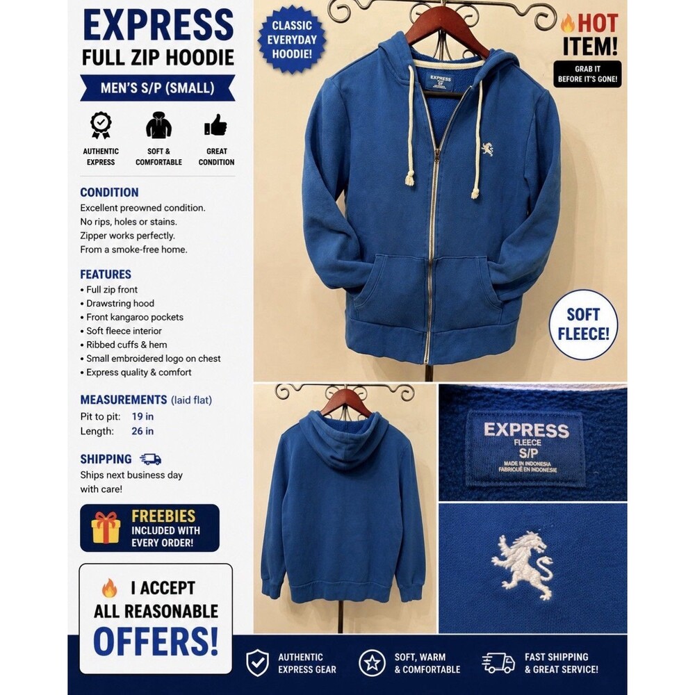 Express Fleece Full Zip Hoodie Size Small Blue Sherpa Lined Casual Jacket